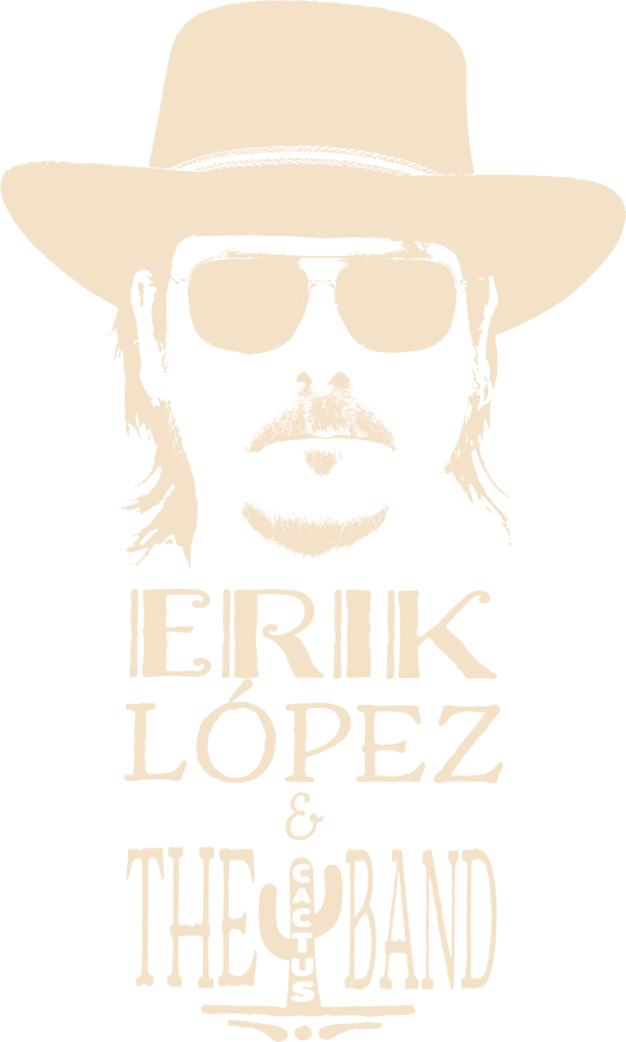 Logo de Erik López & The Cactus Band: un hombre con sombrero de ala ancha y gafas de aviador sobre el nombre del grupo